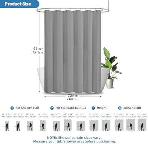 2-in-1 Waterproof Fabric Shower Curtain - No Separate Liner Needed, Hotel-Style Waffle Weave, Effortless Cleaning & Washable Bathroom Shower Curtain Set,72Wx96H,Grey