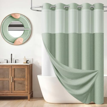 BTTN Sage Green Ringless Linen Look Shower Curtain with Snap in Liner 72x75