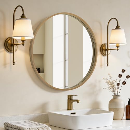 WallBeyond Round Mirror with Wood Frame, 28" Circle Modern Decoration Large Home Decor Mirror for Bathroom Living Room Bedroom Entryway (28" Diameter, Natural Wood)