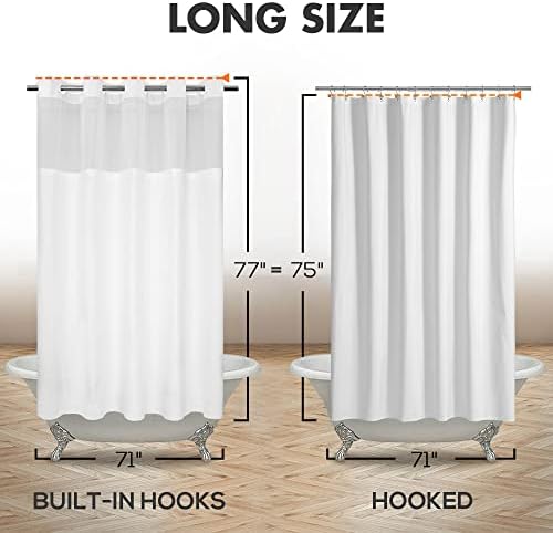River Dream No Hook Long Shower Curtain with Snap-in Liner, White, 71x77