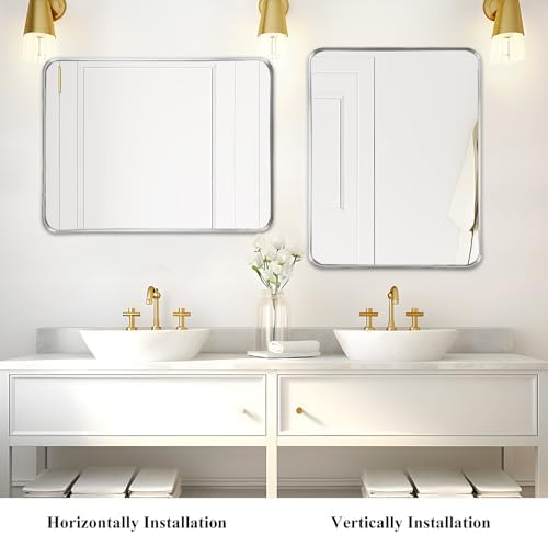 Silver Bathroom Vanity Mirror Over Sink 24x30, Wall Mounted Chrome Mirror