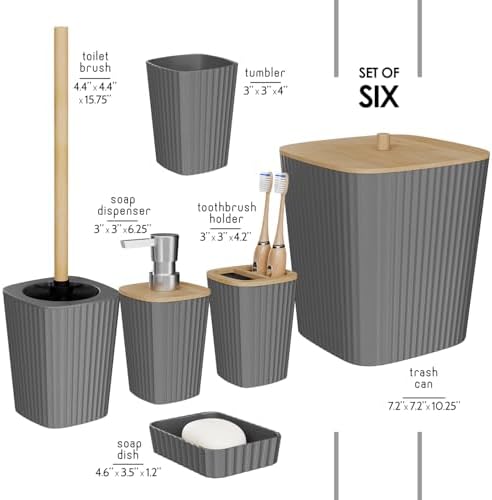 Clara Clark Bathroom Set - Grey Bathroom Accessories Set, 6PC Bathroom Accessory Set, Bathroom Sets with Toilet Brush, Trash Can & Soap Dispenser