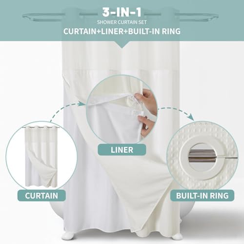 eachope No Hook Waffle Shower Curtain with Snap-in Liner, 54x80 Inch, Cream