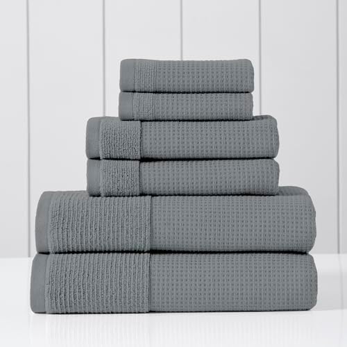 Modern Threads Waffle-Rib 6-Piece Towel Set – Premium Cotton Bath Towels, Ultra-Absorbent & Soft, Elegant Waffle Texture for Bathroom & Spa, Carbon
