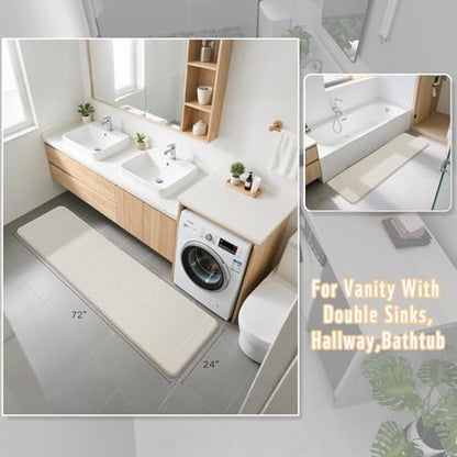 Yimobra Bathroom Runner Rugs 72"x24" Non Slip Washable Memory Foam Bath Mat, Super Soft Water Absorbent Hallway Carpet for Vanity Tub Shower, Cream