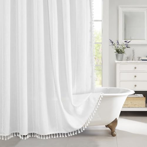 Boho Farmhouse Tassel Linen Shower Curtain,3D Embroidery Stripe White,72x78