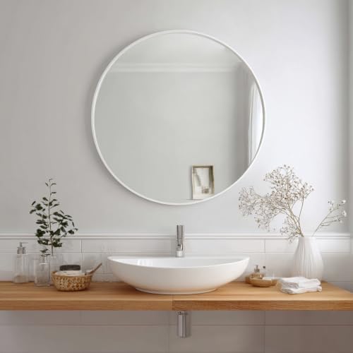 Sunniry Round Mirror 38 inch, White Circle Mirror, Matte White Metal Frame