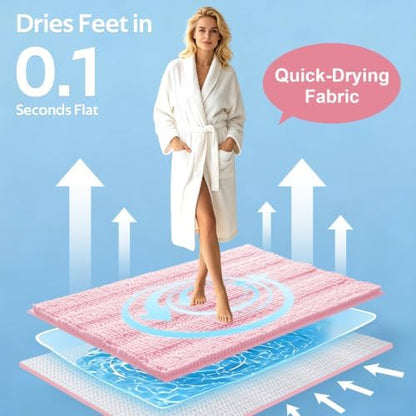 ACCUMTEK Christmas Striped Pink Bathroom Rug Mat Set 2 piece 32"x20"+24"x17" Ultra Soft, Non Slip Chenille Bath Rugs, Absorbent Plush Shaggy Bath Mats for Bathroom, Bedroom, Kitchen, Shower, Tub