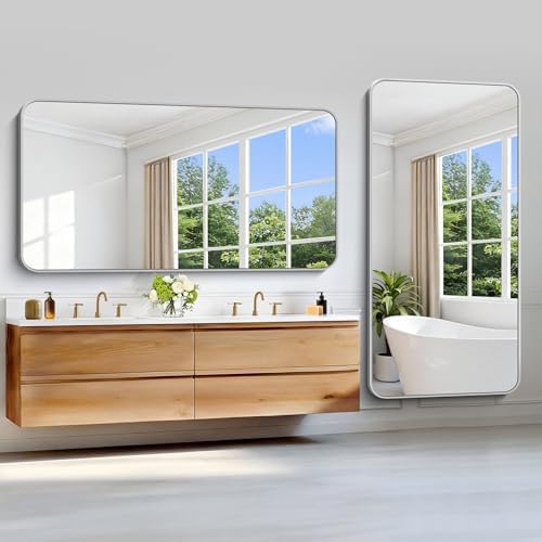 Silver Bathroom Mirror, 72 x 36 Inch Large Rectangle Mirror, Rectangular Vanity Mirror Aluminum Metal Frame, Rounded Corner Wall Mirror for Living Room Bedroom Entryway Horizontal/Vertical