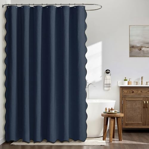 MIULEE Navy Scalloped Linen Shower Curtain 72x72 Inches