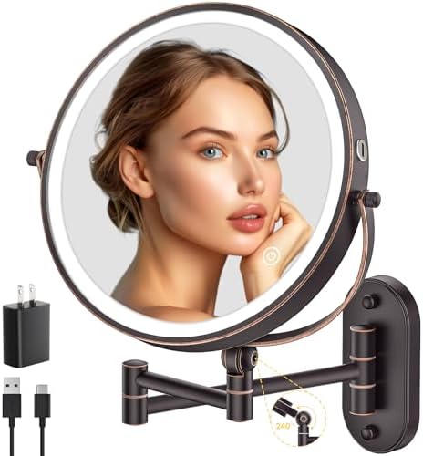 IMIKONA 9" Wall Mounted Lighted Makeup Mirror,4000mAh Rechargeable Double Sided 1X/10X Magnifying Mirror with Light,3 Color Lights,Touch Dimmable,Extended Arm 360 Rotation Wall Mounted Makeup Mirror