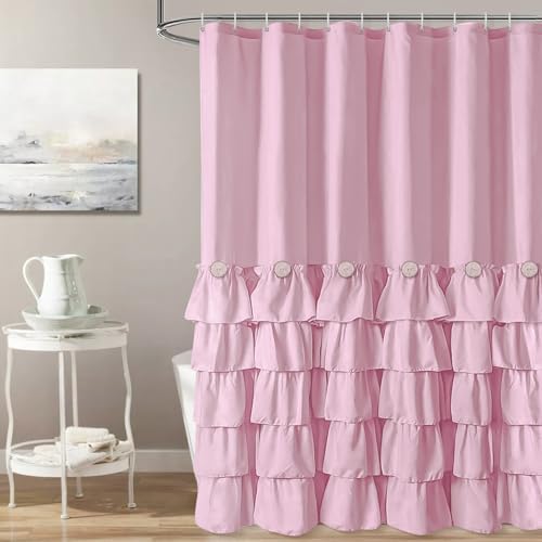 Seasonwood Pink Ruffle Shower Curtain Farmhouse Shower Curtain 72 X 84