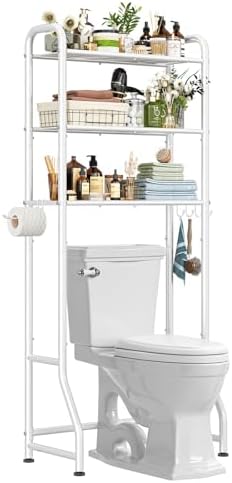 Simple Trending Over The Toilet Storage Rack, Metal 3 Tier Bathroom Organizer Shelf with Paper Holder and 3 Hooks, Freestanding Shelf Space Saver Above Toilet, White