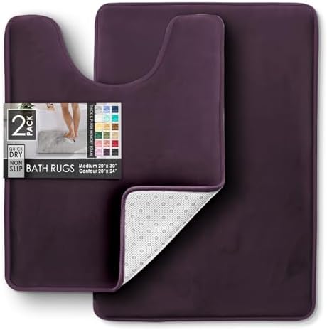 Clara Clark 2 Piece Bathroom Rugs, Velvet Memory Foam Bath Mat Set, Non-Slip Bath Rugs, Machine Wash, Dries Quickly, Ultra Soft Plush Bath Mats for Bathroom, 20 x 32 + Contour, Dark Purple
