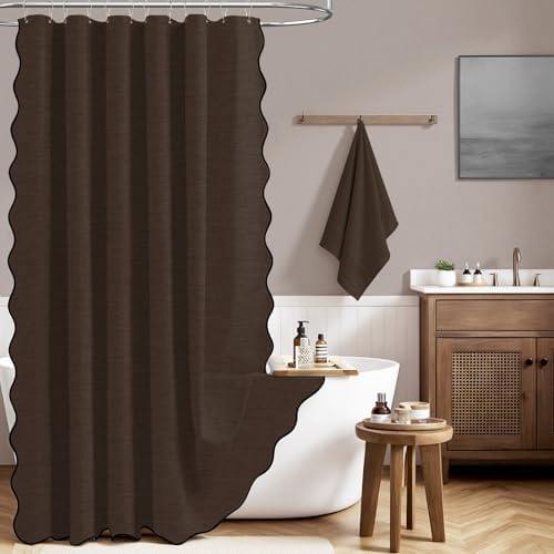 BTTN 48x72 Boho Scalloped Linen Textured Cloth Shower Curtain Set, Brown
