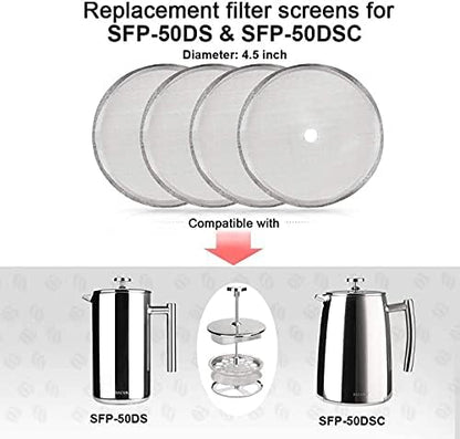 Secura French Press Replacement Screens, Stainless Steel Reusable Mesh Filter for 50 Ounce, 1.5 Liter Coffee Press, 4 Pack
