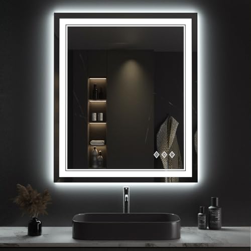 Lighted Mirror, 30x36 Inch Gradient Front and Backlit LED Mirror, 3 Colors Dimmable CRI>90 Double Lights, IP54 Enhanced Anti-Fog, Hanging Plates Wall Mount LED Bathroom Mirror