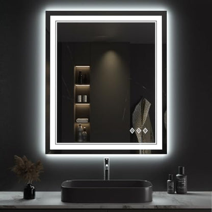 Lighted Mirror, 30x36 Inch Gradient Front and Backlit LED Mirror, 3 Colors Dimmable CRI>90 Double Lights, IP54 Enhanced Anti-Fog, Hanging Plates Wall Mount LED Bathroom Mirror
