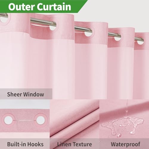 eachope No Hook Linen Texture Shower Curtain with Snap-in Liner,71x86 Pink