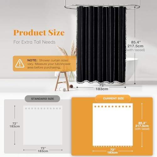 BTTN 72x84 Long Boho Linen Heavy Duty Shower Curtain Set, Black and White
