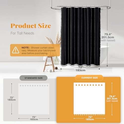 BTTN 72x78 Long Boho Farmhouse Linen Heavy Duty Shower Curtain, Black White