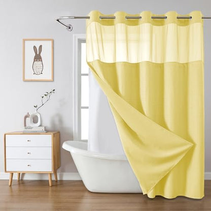 eachope No Hook Waffle Shower Curtain with Snap-in Liner, 71x74 Inch,Yellow