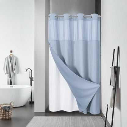 No Hook Waffle Shower Curtain with Snap-in Liner, 54x80 Inch, Frost Blue