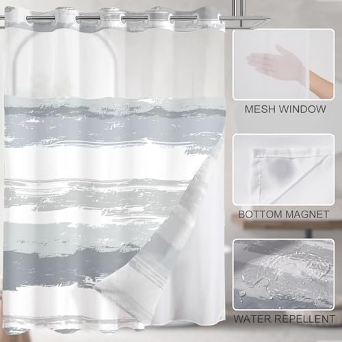 No Hook Shower Curtain with Liner, Grey Stripe, 71x74 Inch