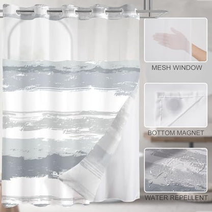No Hook Shower Curtain with Liner, Grey Stripe, 71x74 Inch