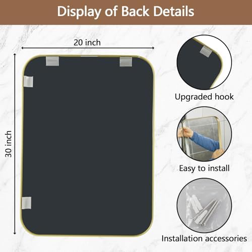20x30 Inch Gold Mirror, Framed Rectangle Mirror with Rounded Corner, Brushed Brass Mirror, Gold Bathroom Mirror for Over Sink, Vanity, Living Room, Bedroom, Horizontal/Vertical