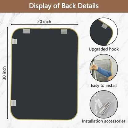 20x30 Inch Gold Mirror, Framed Rectangle Mirror with Rounded Corner, Brushed Brass Mirror, Gold Bathroom Mirror for Over Sink, Vanity, Living Room, Bedroom, Horizontal/Vertical