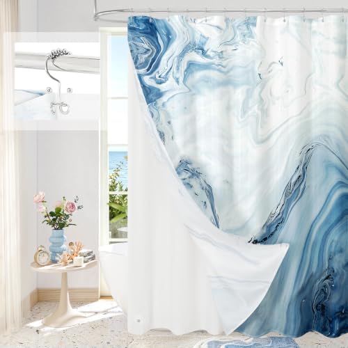 3 in 1 Blue Marble Shower Curtain Set with PEVA Liner & 12 Hooks, 72 x 72
