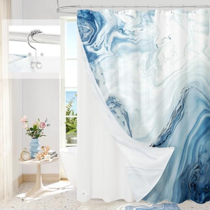 3 in 1 Blue Marble Shower Curtain Set with PEVA Liner & 12 Hooks, 72 x 72