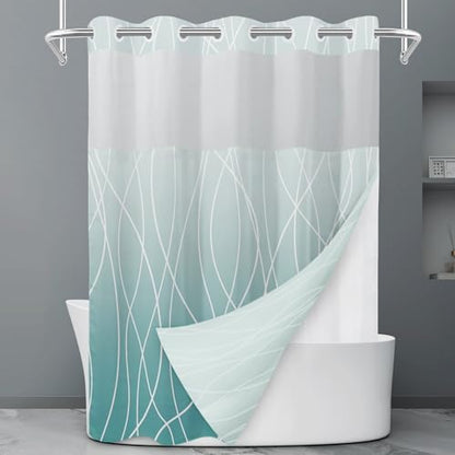 LXBNI Ombre Teal No Hook Shower Curtain with Liner, 71 x 74 Inch