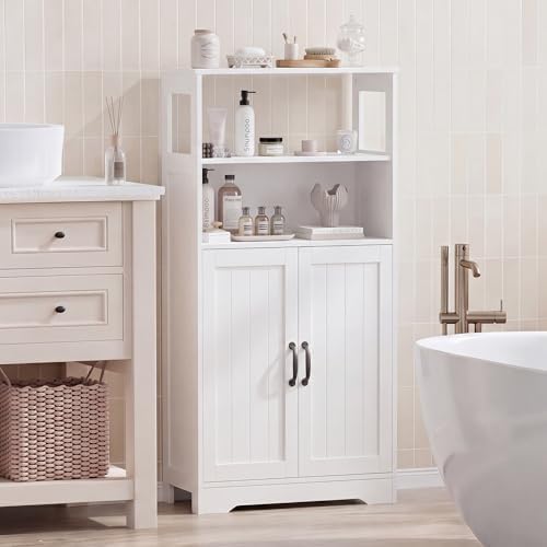GRUSIGN 43.3" H Bathroom Storage Cabinet with Doors, Freestanding Small Bathroom Cabinet Organizer, Farmhouse Cupboard, Adjustable Shelves, for Laundry Room, Kitchen, Living Room, White