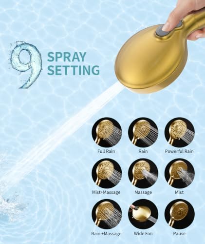SR SUN RISE Filtered Shower Head with Handheld High Pressure 9 Spray Mode Showerhead Detachable Shower Head Water Softener Filters Beads for Hard Water Remove Chlorine 4 Filters Brushed Gold