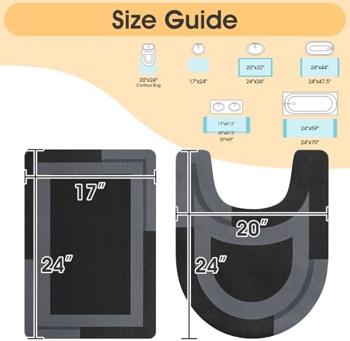 ACCUMTEK Non Slip Bath Mat, Thin Bathroom Rugs Fit Under Door, Quick Dry Bath Mats, Machine Washable Bath Rugs for Bathroom, Bathtub & Kitchen, Black/Bordered/24 x17+ 24"x20" Contour Rug