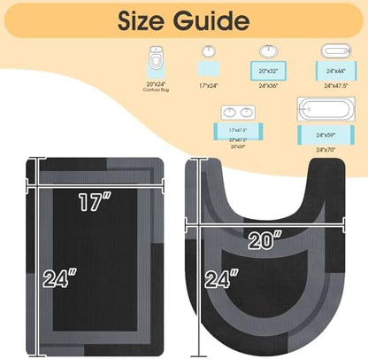 ACCUMTEK Non Slip Bath Mat, Thin Bathroom Rugs Fit Under Door, Quick Dry Bath Mats, Machine Washable Bath Rugs for Bathroom, Bathtub & Kitchen, Black/Bordered/24 x17+ 24"x20" Contour Rug