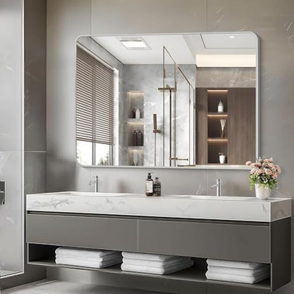 48x36 Inch Silver Bathroom Mirror, Large Rectangular Vanity Mirror, Metal Framed Rectangle Mirrors, Rounded Corner Wall Mounted Mirrors for Living Room Bedroom Entryway Horizontal or Vertical