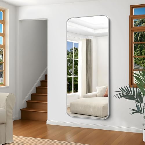 Silver Bathroom Mirror, 72 x 30 Inch Large Rectangle Mirror, Rectangular Vanity Mirror Aluminum Metal Frame, Rounded Corner Wall Mirror for Living Room Bedroom Entryway Horizontal/Vertical