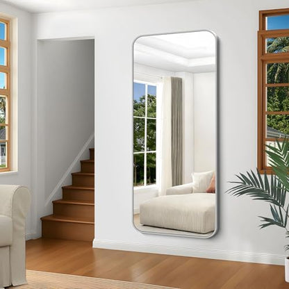Silver Bathroom Mirror, 72 x 30 Inch Large Rectangle Mirror, Rectangular Vanity Mirror Aluminum Metal Frame, Rounded Corner Wall Mirror for Living Room Bedroom Entryway Horizontal/Vertical