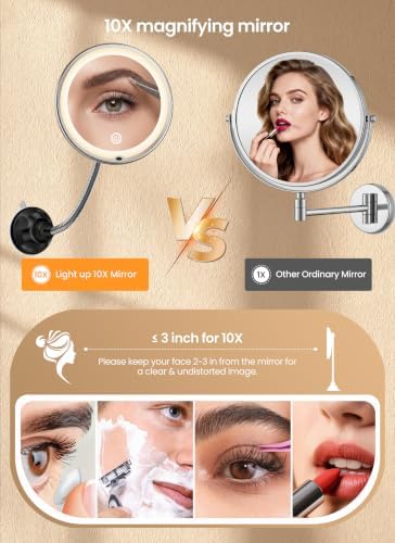 10x Makeup Mirror with Lights, Flexible Magnifying Mirror 3 Light Modes