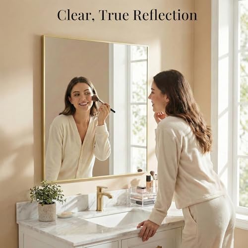 30"x30" Satin Gold Framed Square Bathroom Vanity Wall Mirror