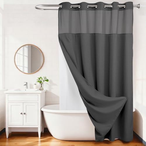 River Dream Waffle No Hook Shower Curtain with Liner,Graphite Grey,71x86