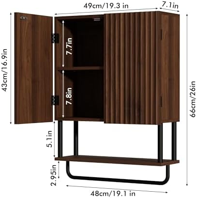 RUSTOWN Fluted Bathroom Wall Cabinet with 2 Doors, 3-Tier Medicine Cabinet