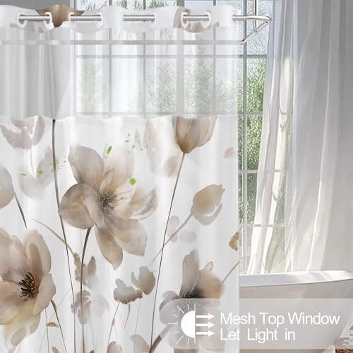 No Hook Shower Curtain and Liner Set, Brown Boho Floral 71x77
