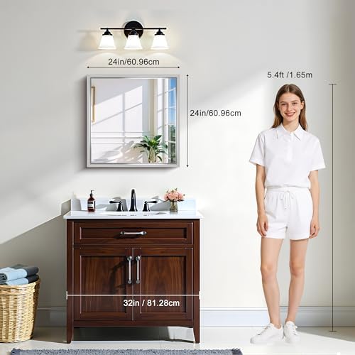 CIRCUMI 24"x24" Brushed Silver Bathroom Mirror, Square Mirror for Vanity