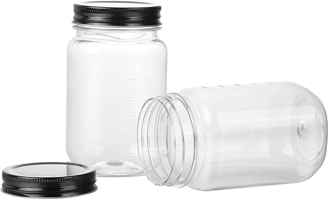 16 OZ Mason Jars Plastic Clear Storage Containers with Lids Empty Refillable Airtight Container for Home Kitchen (Black, 24 Pack)