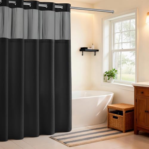 RiverDream Heavyweight Waffle No Hook Shower Curtain with Liner,Black,71x74
