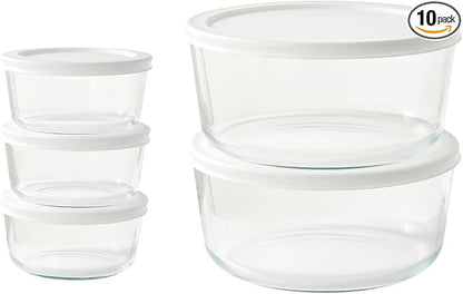 10-Piece Glass Food Storage Containers Set (5 Containers + 5 BPA-Free Lids) | 2-Cup & 6.5-Cup, Leakproof | Microwave, Freezer, Oven & Dishwasher Safe | Ideal for Meal Prep & Pantry Organization, White